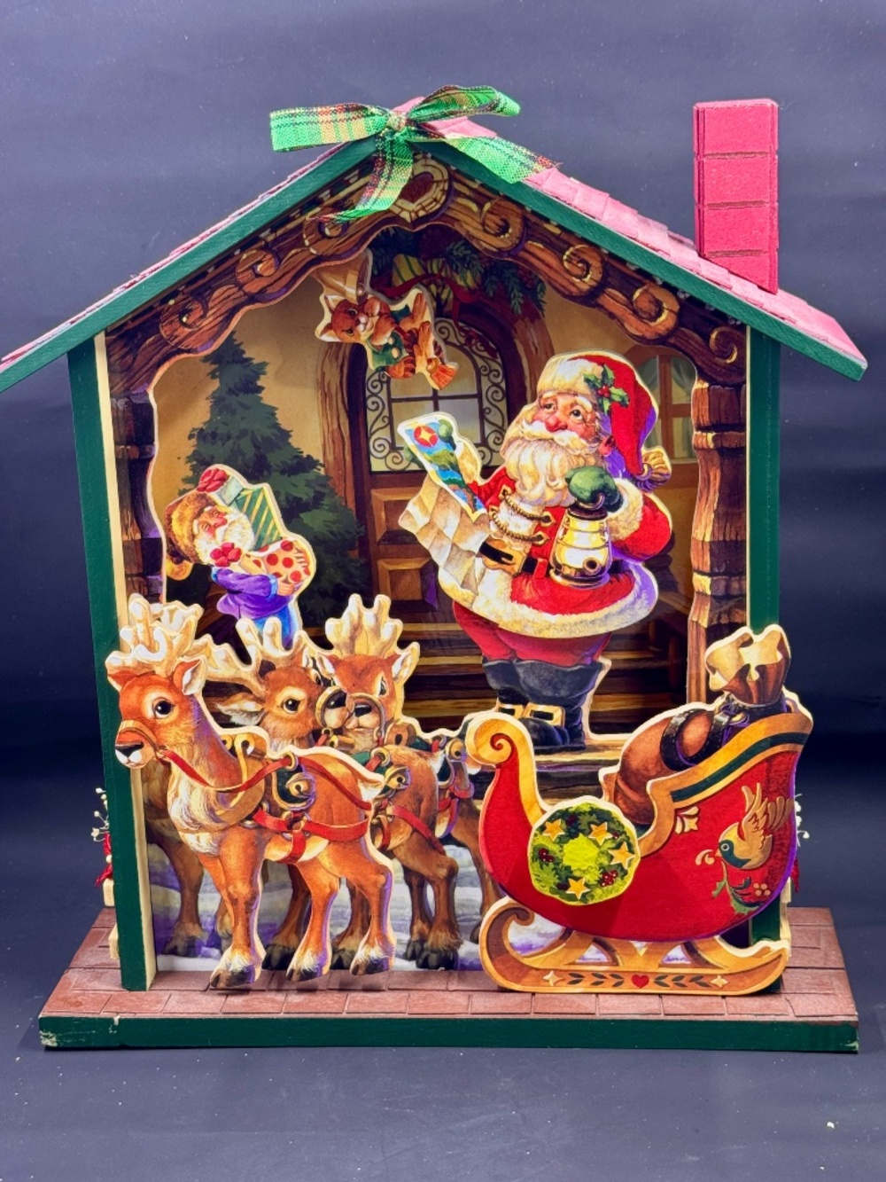 Vintage Musical Wooden House Christmas House Animated Santa, elf, cat & Reindeer